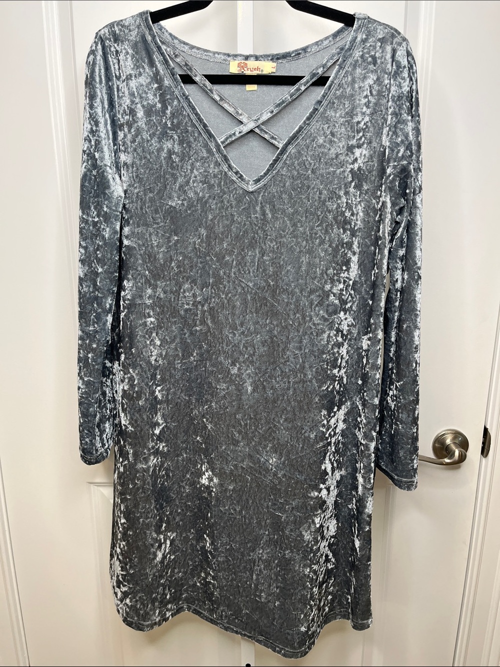 Aryeh Crushed Velvet Crisscross V-Neck Dress - Gray Large